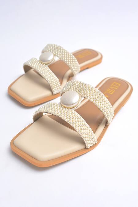 Elviraa By Pranali A Oswal_Beige Pearls Embellished Flats _Online_at_Aza_Fashions