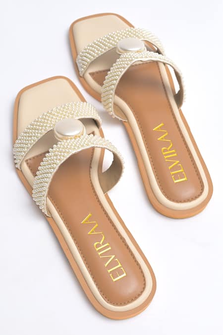 Shop_Elviraa By Pranali A Oswal_Beige Pearls Embellished Flats _Online_at_Aza_Fashions
