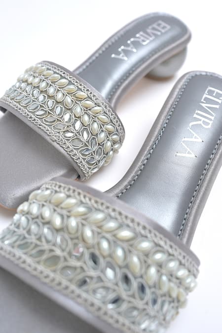 Shop_Elviraa By Pranali A Oswal_Gray Mirrors, Pearls Vine Embroidered Grey Matka Heels _Online_at_Aza_Fashions