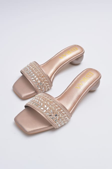 Elviraa By Pranali A Oswal_Rose Gold Mirrors, Pearls Vine Bloom Embroidered Heels _at_Aza_Fashions