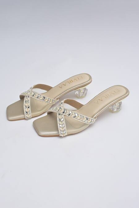 Elviraa By Pranali A Oswal_Gold Pearls, Mirrors Vine Blossom Embroidered Cube Heels _Online_at_Aza_Fashions