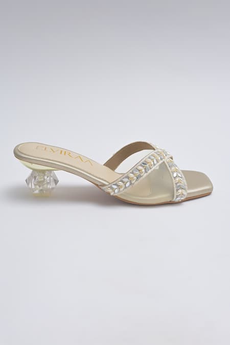 Buy_Elviraa By Pranali A Oswal_Gold Pearls, Mirrors Vine Blossom Embroidered Cube Heels _Online_at_Aza_Fashions