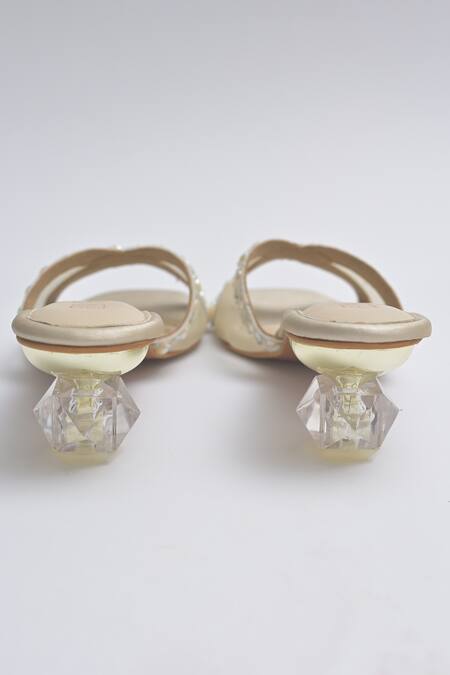 Shop_Elviraa By Pranali A Oswal_Gold Pearls, Mirrors Vine Blossom Embroidered Cube Heels _Online_at_Aza_Fashions