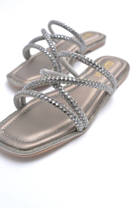 Buy_Elviraa By Pranali A Oswal_Silver Rhinestone Strappy Flats _Online_at_Aza_Fashions