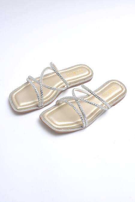 Elviraa By Pranali A Oswal_Gold Rhinestones Embellished Flats _Online_at_Aza_Fashions