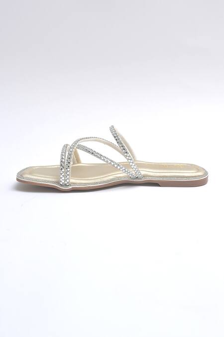 Shop_Elviraa By Pranali A Oswal_Gold Rhinestones Embellished Flats _Online_at_Aza_Fashions