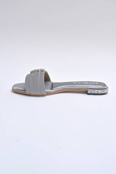 Elviraa By Pranali A Oswal_Gray Stones Studded Buckle Flats _Online_at_Aza_Fashions
