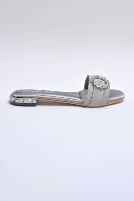 Buy_Elviraa By Pranali A Oswal_Gray Stones Studded Buckle Flats _Online_at_Aza_Fashions