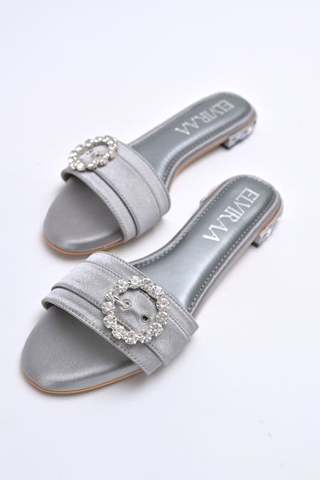 Shop_Elviraa By Pranali A Oswal_Gray Stones Studded Buckle Flats _Online_at_Aza_Fashions