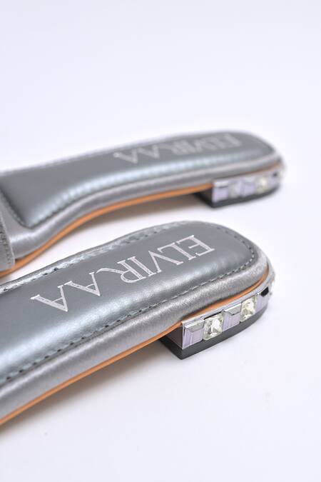Elviraa By Pranali A Oswal_Gray Stones Studded Buckle Flats _at_Aza_Fashions