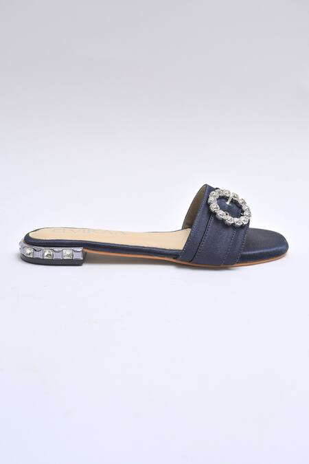 Shop_Elviraa By Pranali A Oswal_Blue Stone Studded Buckle Flats _Online_at_Aza_Fashions