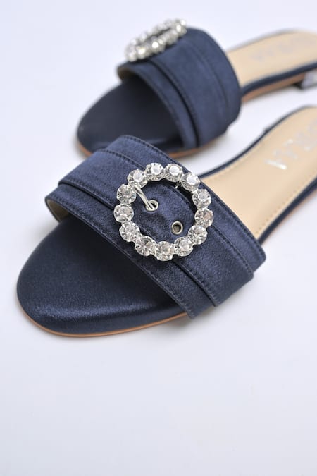 Elviraa By Pranali A Oswal_Blue Stone Studded Buckle Flats _at_Aza_Fashions