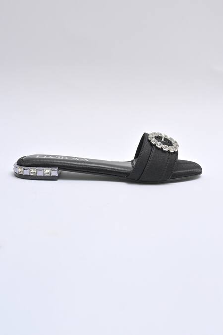 Shop_Elviraa By Pranali A Oswal_Black Stones Embellished Buckle Flats _Online_at_Aza_Fashions