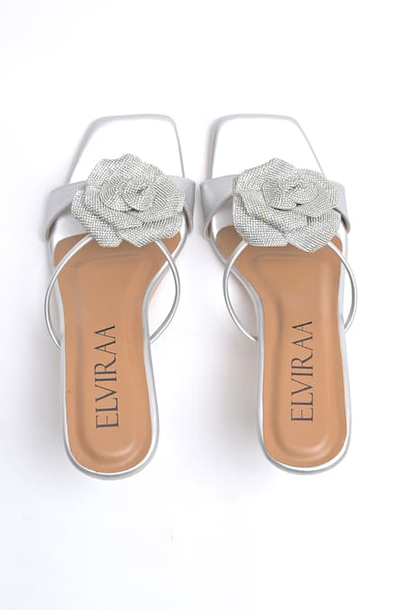 Elviraa By Pranali A Oswal Silver Rhinestone Bloom Sculptural Heels 