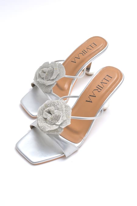 Elviraa By Pranali A Oswal_Silver Rhinestones Bloom Sculptural Heels _at_Aza_Fashions