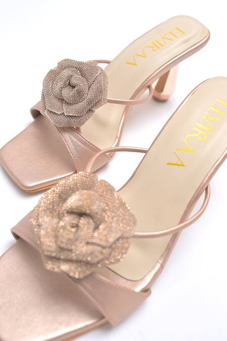 Elviraa By Pranali A Oswal_Rose Gold Rhinestones Blossom Sculptural Heels _at_Aza_Fashions