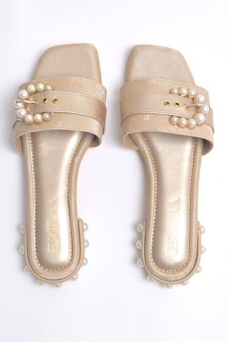 Elviraa By Pranali A Oswal Gold Pearl Buckle Flats 