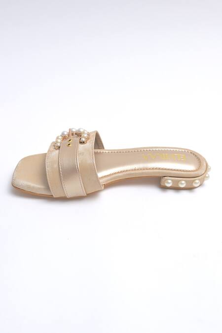 Elviraa By Pranali A Oswal_Gold Pearl Buckle Flats _Online_at_Aza_Fashions