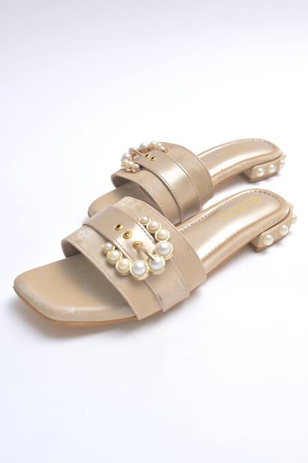 Shop_Elviraa By Pranali A Oswal_Gold Pearl Buckle Flats _Online_at_Aza_Fashions