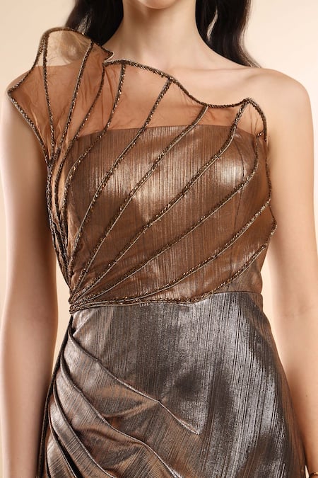 Amrta By Guneet Kondal_Brown Satin, Viscose One Shoulder Amber Draped Dress _at_Aza_Fashions
