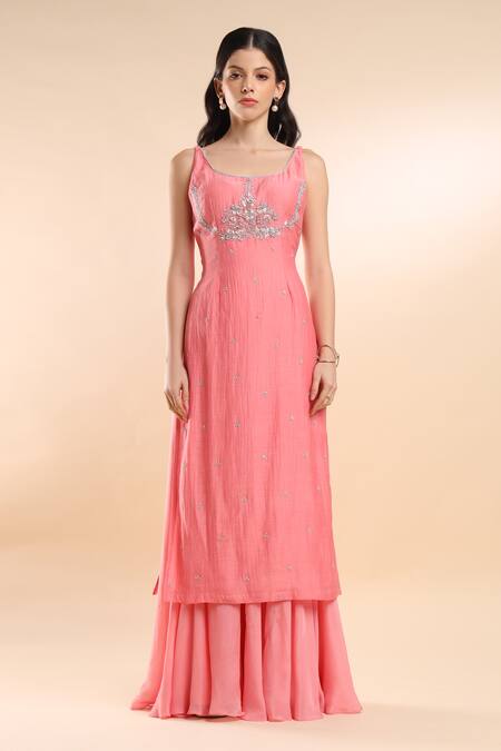 Amrta By Guneet Kondal_Pink Silk, Tulle Zari Collared Zardozi Embroidered Cape Skirt Set _Online_at_Aza_Fashions