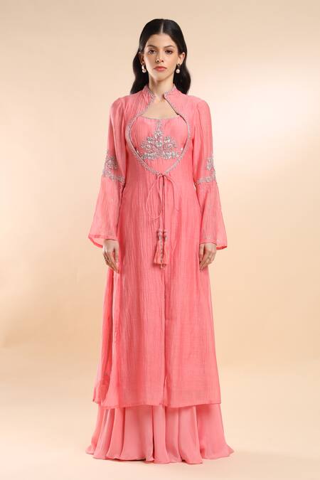 Buy_Amrta By Guneet Kondal_Pink Silk, Tulle Zari Collared Zardozi Embroidered Cape Skirt Set _Online_at_Aza_Fashions