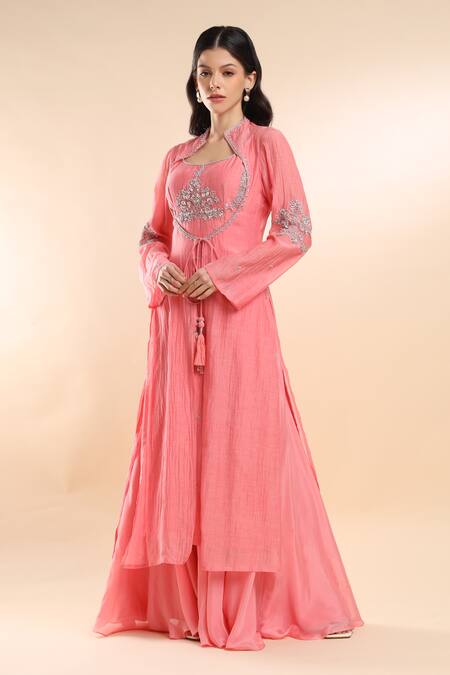 Shop_Amrta By Guneet Kondal_Pink Silk, Tulle Zari Collared Zardozi Embroidered Cape Skirt Set _Online_at_Aza_Fashions