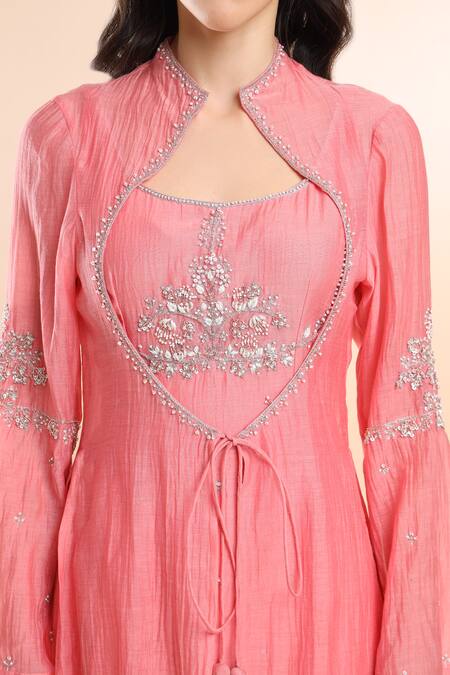 Amrta By Guneet Kondal_Pink Silk, Tulle Zari Collared Zardozi Embroidered Cape Skirt Set _at_Aza_Fashions