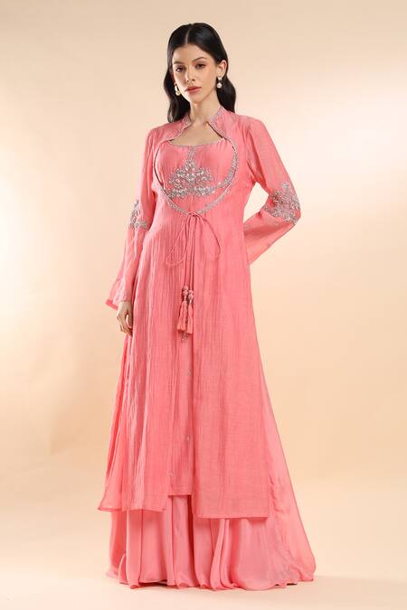 Buy_Amrta By Guneet Kondal_Pink Silk, Tulle Zari Collared Zardozi Embroidered Cape Skirt Set 