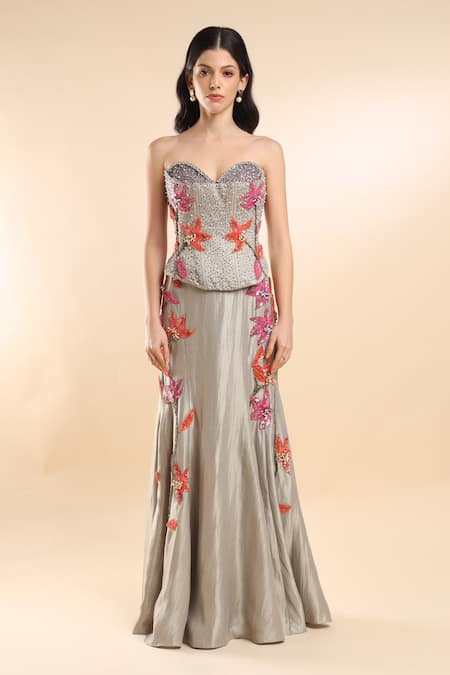 Amrta By Guneet Kondal_Silver Silk, Viscose Sequins, Embroidery Bloom Corset Blouse And Skirt Set _Online_at_Aza_Fashions