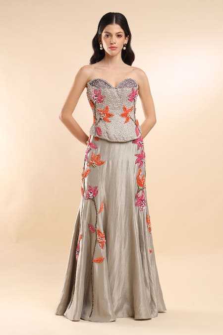 Buy Amrta By Guneet Kondal Silver Silk, Viscose Sequins, Embroidery Bloom Corset Blouse And Skirt Set Online at Aza Fashions Buy_Amrta By Guneet Kondal_Silver Silk, Viscose Sequins, Embroidery Bloom Corset Blouse And Skirt Set _Online_at_Aza_Fashions