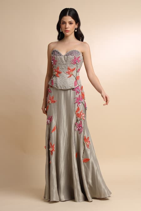 Shop_Amrta By Guneet Kondal_Silver Silk, Viscose Sequins, Embroidery Bloom Corset Blouse And Skirt Set _Online_at_Aza_Fashions