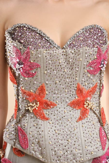 Amrta By Guneet Kondal_Silver Silk, Viscose Sequins, Embroidery Bloom Corset Blouse And Skirt Set _at_Aza_Fashions