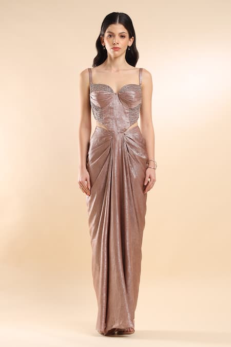 Amrta By Guneet Kondal_Beige Satin, Silk Beads Sweetheart Metallic Embellished Bustier And Draped Skirt _Online_at_Aza_Fashions