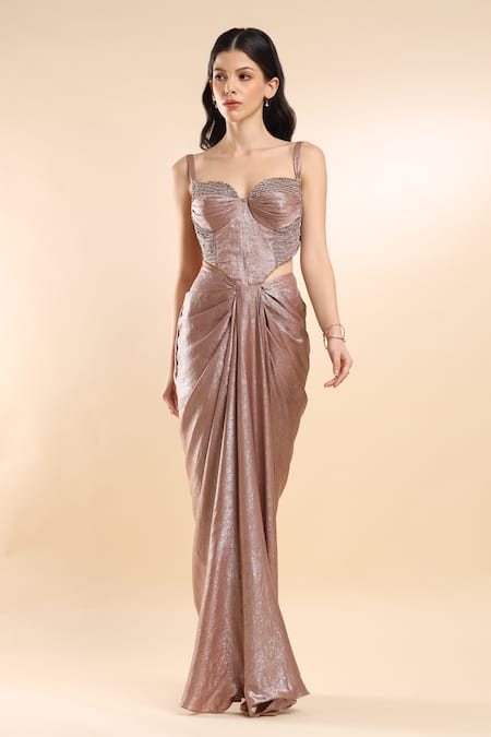Buy_Amrta By Guneet Kondal_Beige Satin, Silk Beads Sweetheart Metallic Embellished Bustier And Draped Skirt _Online_at_Aza_Fashions