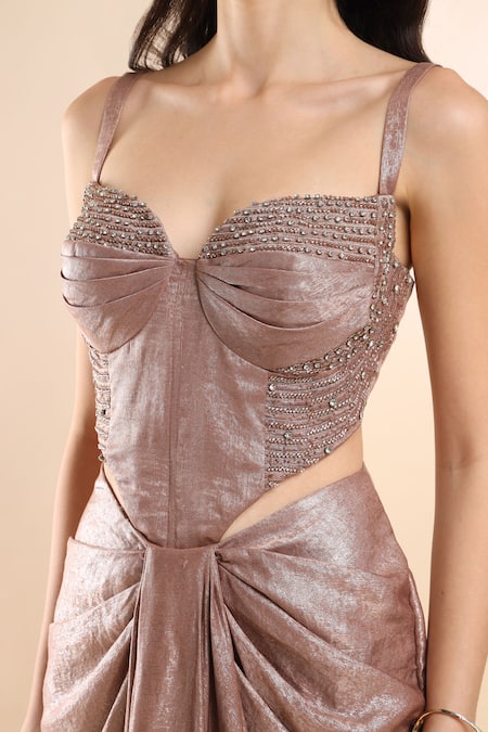 Amrta By Guneet Kondal_Beige Satin, Silk Beads Sweetheart Metallic Embellished Bustier And Draped Skirt _at_Aza_Fashions