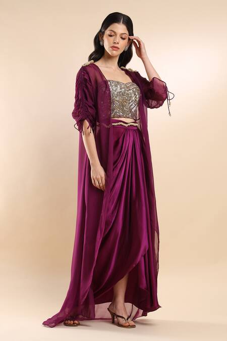 Amrta By Guneet Kondal_Silver Viscose Sequins, Pearls Ruched Sleeves Cape And Draped Skirt Set _at_Aza_Fashions