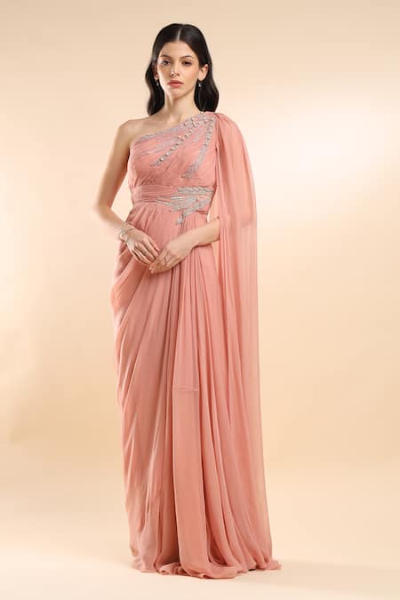 Amrta By Guneet Kondal_Pink Viscose Pearls, Sequins One Shoulder Asymmetric Gown _Online_at_Aza_Fashions