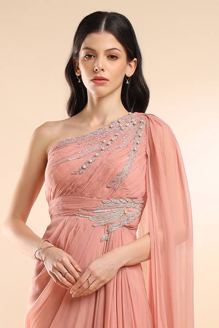 Buy_Amrta By Guneet Kondal_Pink Viscose Pearls, Sequins One Shoulder Asymmetric Gown _Online_at_Aza_Fashions