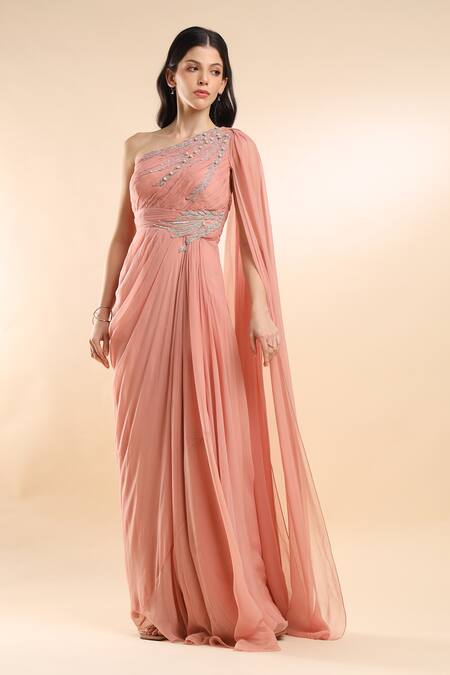 Shop_Amrta By Guneet Kondal_Pink Viscose Pearls, Sequins One Shoulder Asymmetric Gown _Online_at_Aza_Fashions