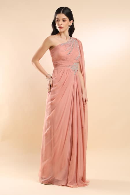 Amrta By Guneet Kondal_Pink Viscose Pearls, Sequins One Shoulder Asymmetric Gown _at_Aza_Fashions