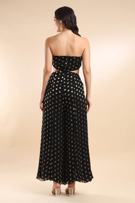 Amrta By Guneet Kondal Black Polka Dot Off Shoulder Jumpsuit 