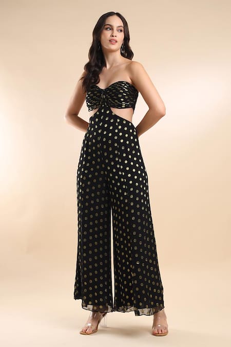 Amrta By Guneet Kondal_Black Viscose Off-shoulder, Sweetheart Neck Polka Dot Off Jumpsuit _Online_at_Aza_Fashions
