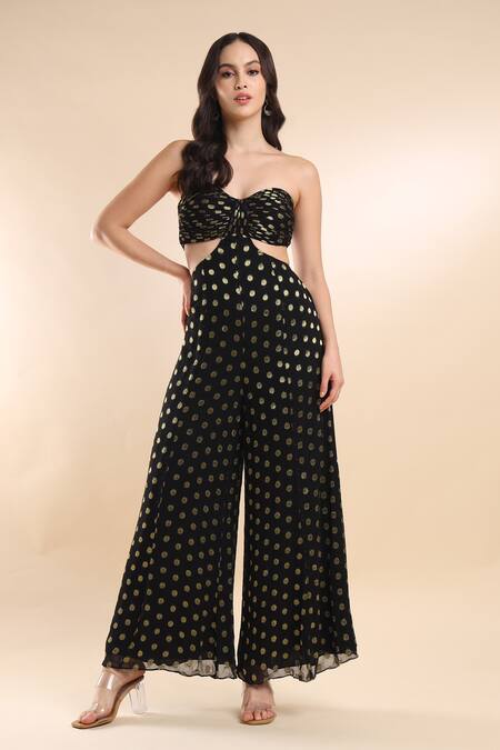 Amrta By Guneet Kondal_Black Viscose Off-shoulder, Sweetheart Neck Polka Dot Off Jumpsuit _at_Aza_Fashions