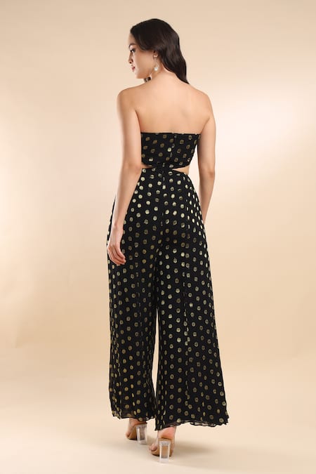 Shop_Amrta By Guneet Kondal_Black Viscose Off-shoulder, Sweetheart Neck Polka Dot Off Jumpsuit 