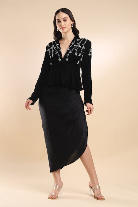 AMRTA by GUNEET KONDAL Crystal Vine Embroidered Peplum Jacket With Draped Skirt 