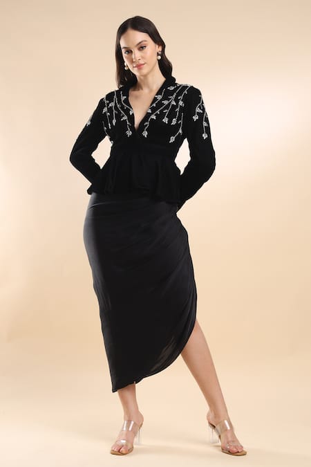 Amrta By Guneet Kondal_Black Velvet, Viscose Crystals Collared Vine Embroidered Peplum Jacket Set _Online_at_Aza_Fashions