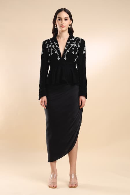 Buy_Amrta By Guneet Kondal_Black Velvet, Viscose Crystals Collared Vine Embroidered Peplum Jacket Set _Online_at_Aza_Fashions