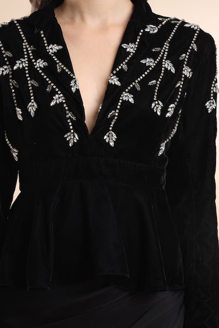 Shop_Amrta By Guneet Kondal_Black Velvet, Viscose Crystals Collared Vine Embroidered Peplum Jacket Set _Online_at_Aza_Fashions