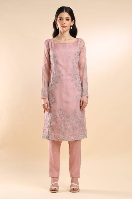 Buy_Amrta By Guneet Kondal_Pink Organza, Viscose, Silk Embroidery Round Enchanted Lake Blossom Kurta Set _Online_at_Aza_Fashions